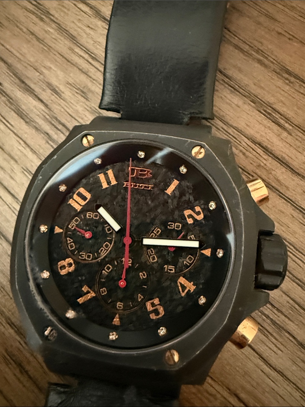 TB Buti Magnum Black Case Watch with Gold Accents and Brown Leather Strap